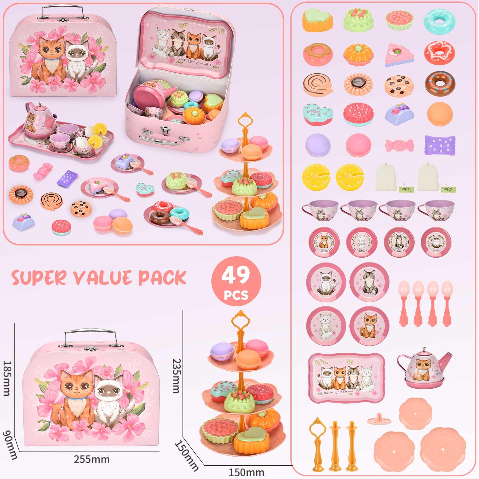 Lajeje Cat Tea Set saucers and plates arranged for pretend party