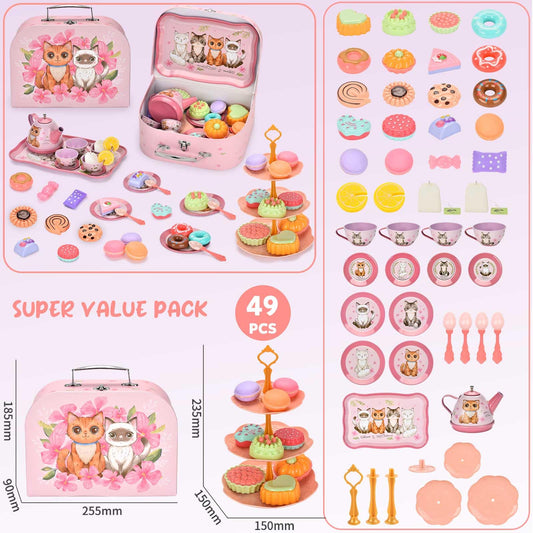 Lajeje Cat Tea Set saucers and plates arranged for pretend party
