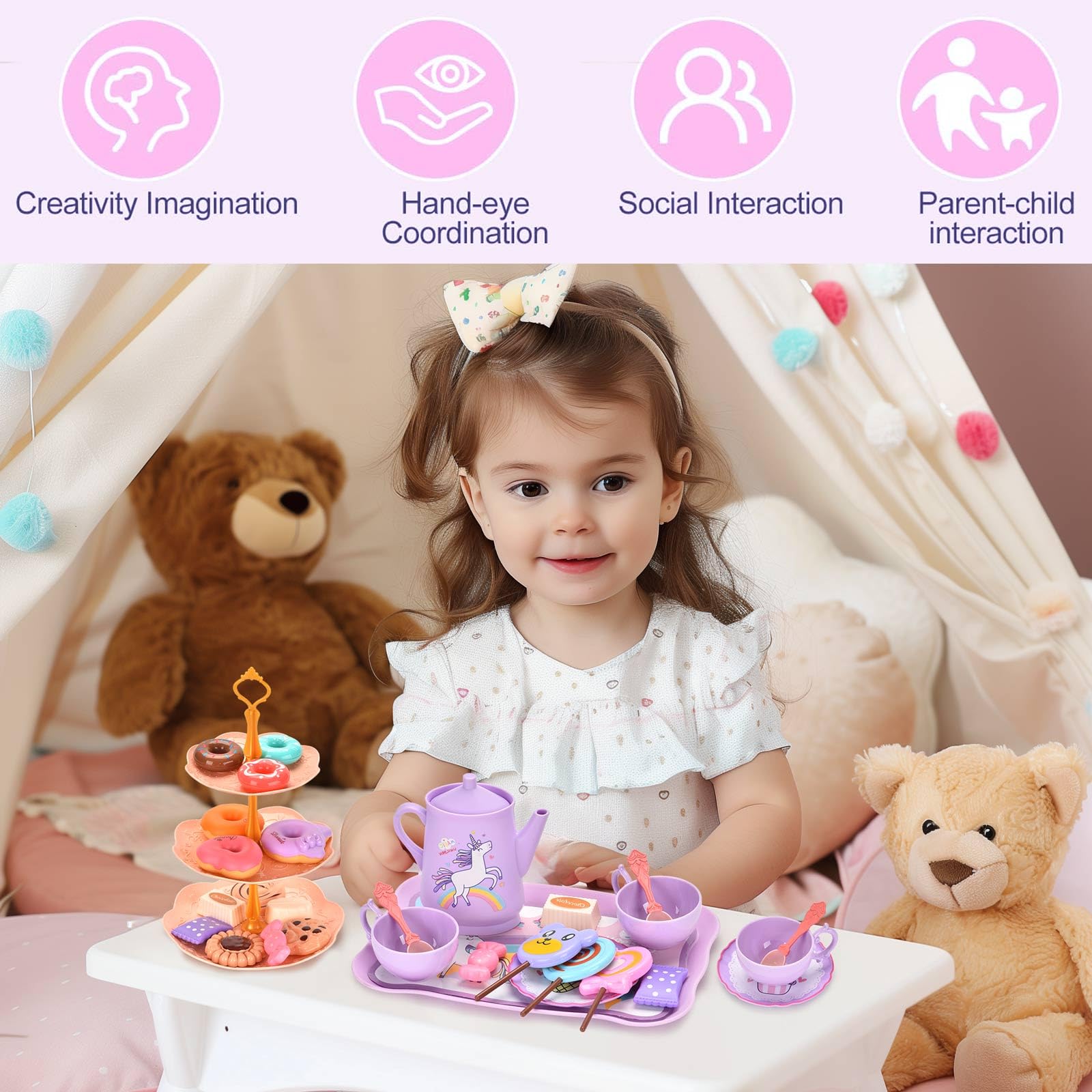 Lajeje Unicorn Tea Set plates in a cheerful dining scene for storytelling
