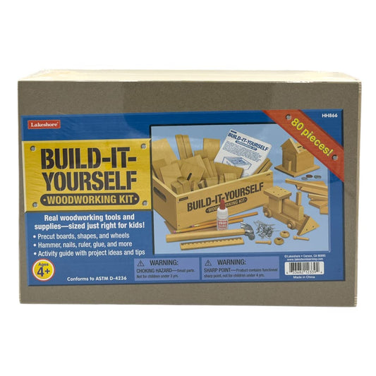 Lakeshore Build-It-Yourself Woodworking Kit box with pine pieces, inspiring creative building play.