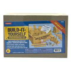 Lakeshore Build-It-Yourself Woodworking Kit box with pine pieces, inspiring creative building play.