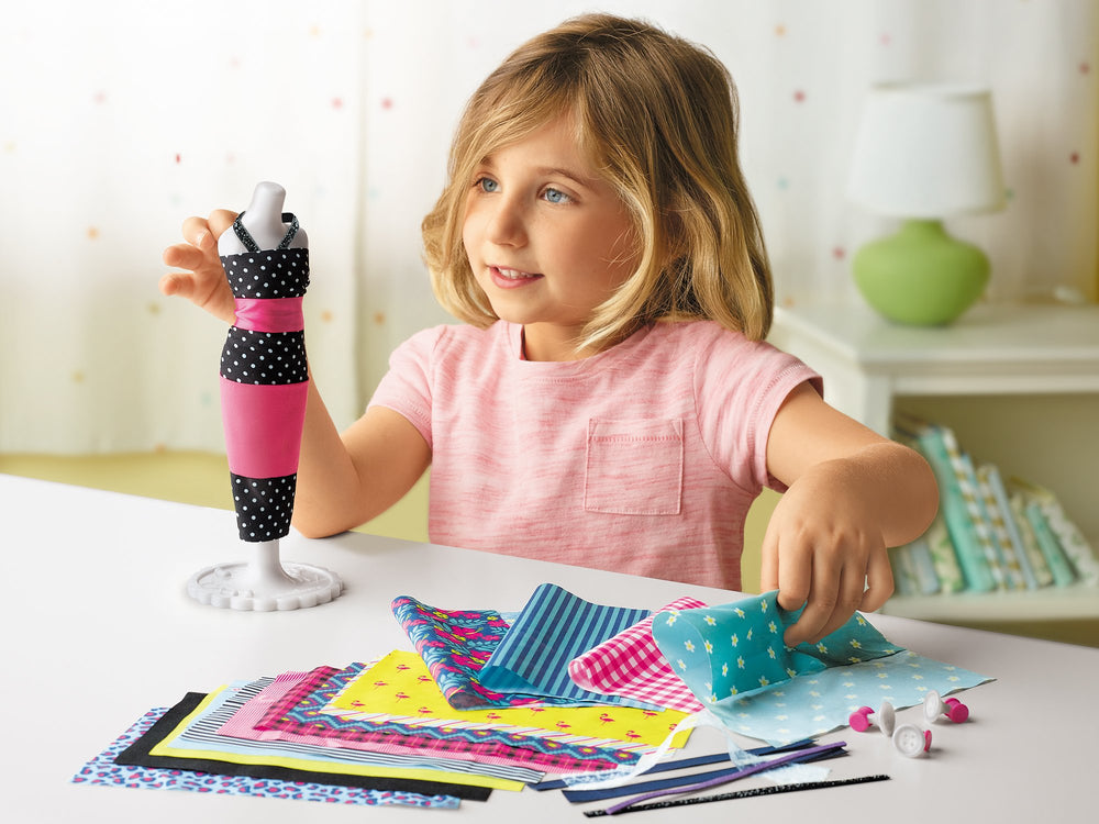 Lakeshore My First Fashion Designer fabric sheets enable quick styling.