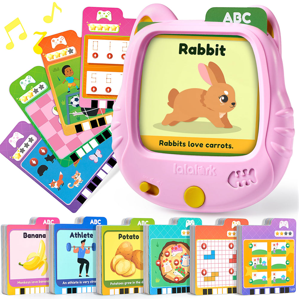 Lalalark cat-shaped card reader guides kids through words aloud.
