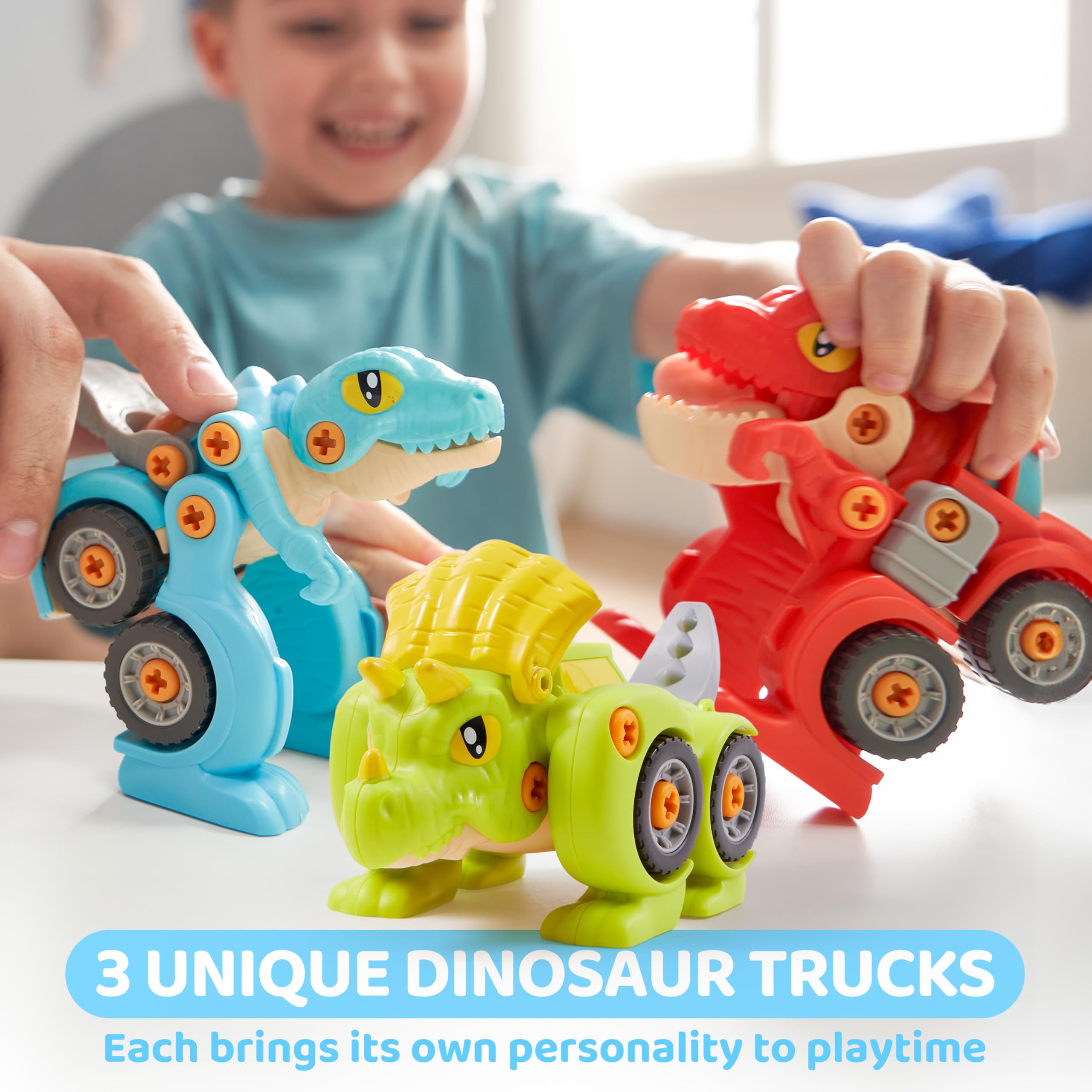 Lalalark Cooperative play scene with toy cars and dinos.
