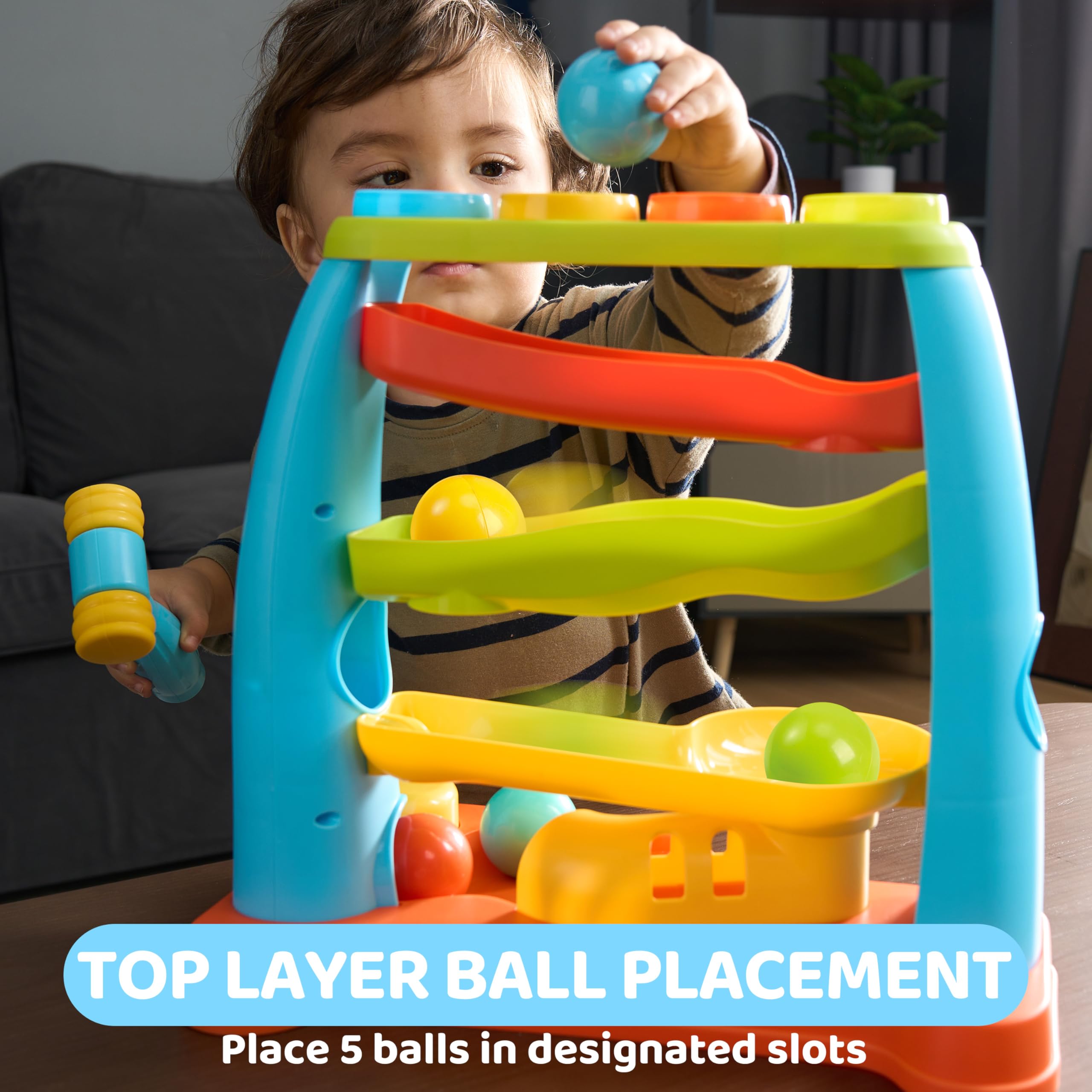 lalalark four-level track design keeps kids entertained with cascading ball action.