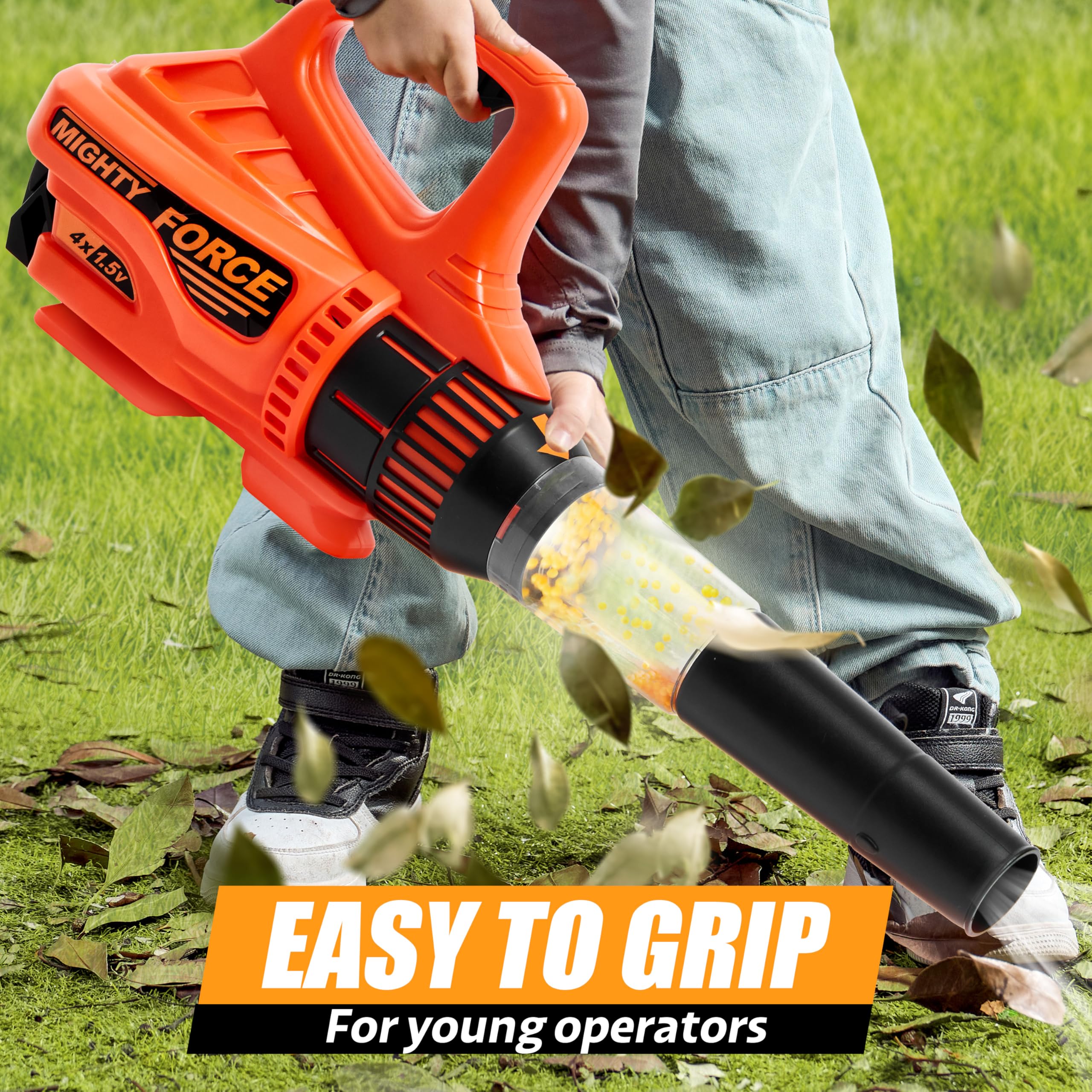 lalalark Mighty Force leaf blower side grip showing ergonomic handle for toddlers