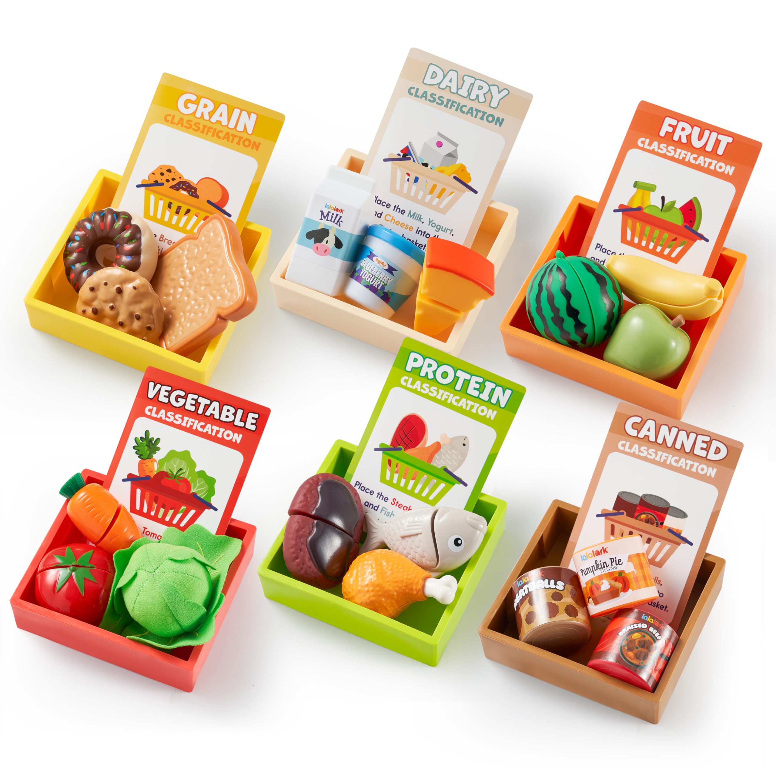 Lalalark sorting baskets help kids categorize foods by color and type in developing early categorization skills.