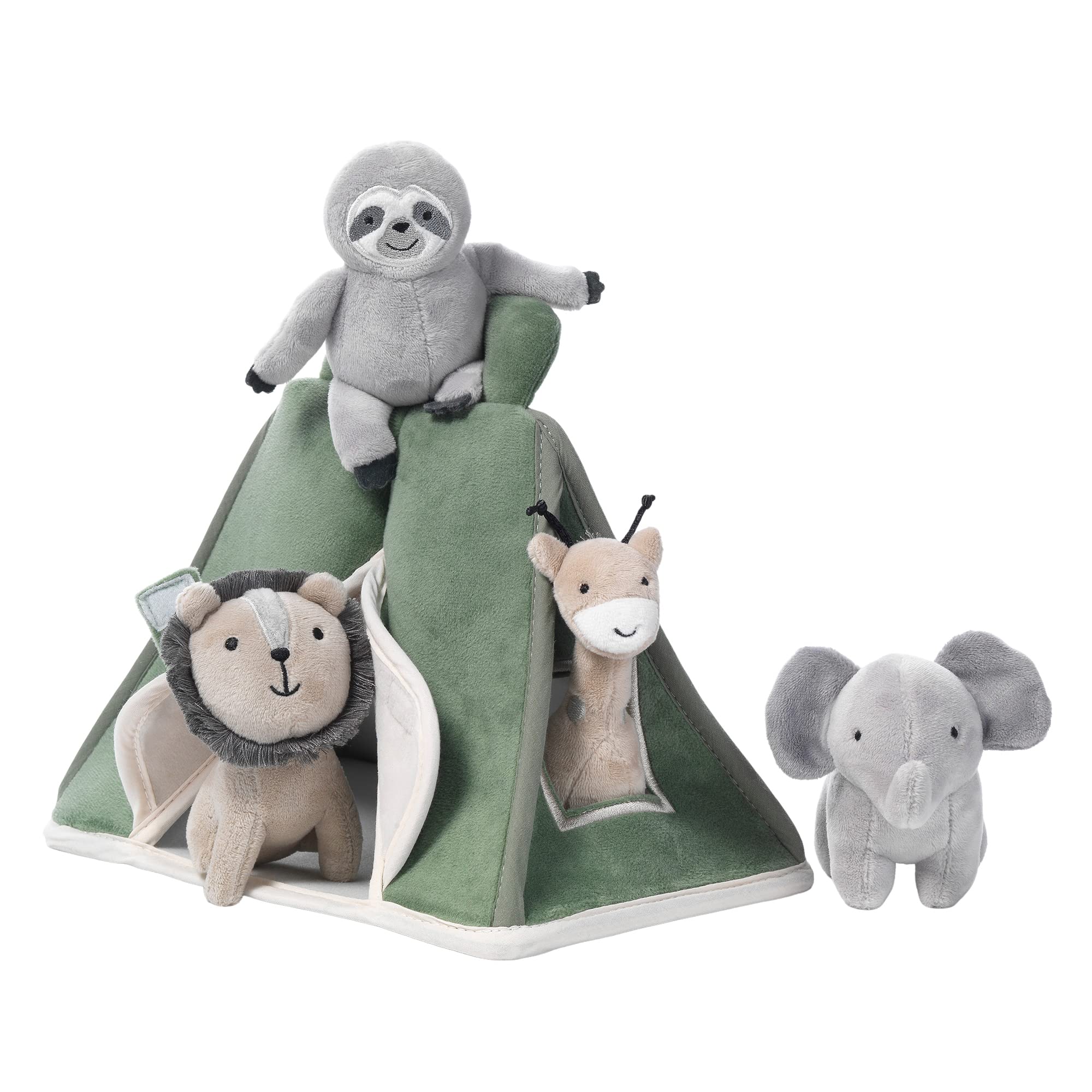 Lambs and Ivy plush safari tent with giraffe for imaginative play and motor skills.