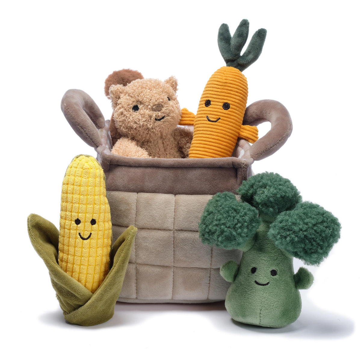 Lambs & Ivy plush veggie basket set in velour basket for cozy playtime