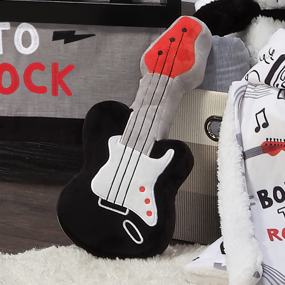 Lambs & Ivy plush guitar, white and red trim accents in a playful look.
