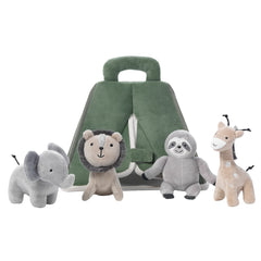 Lambs and Ivy safari tent features lion plush for role-play and sensory exploration.