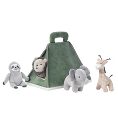 Lambs and Ivy safari tent includes sloth plush for gentle, engaging play.