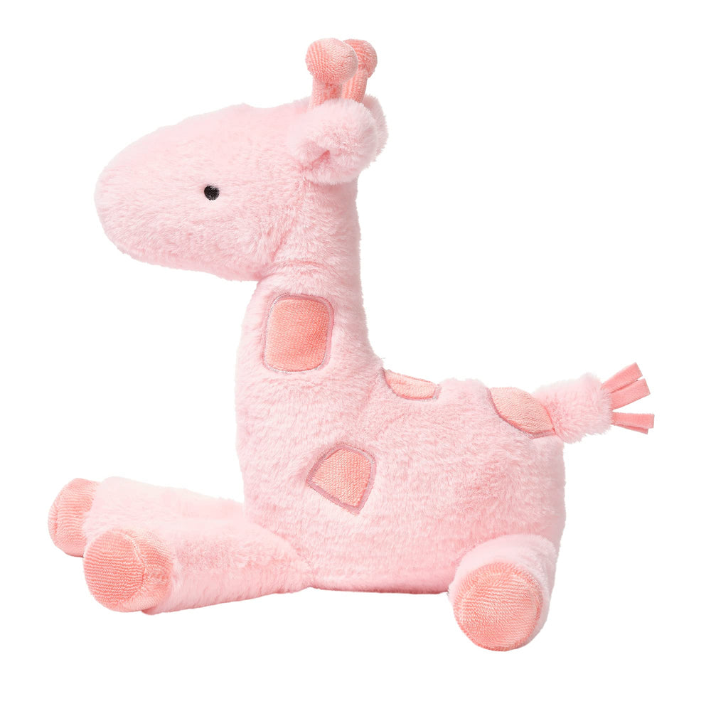 Lambs &amp; Ivy Snuggle Jungle pink giraffe plush face closeup highlighting plush texture.