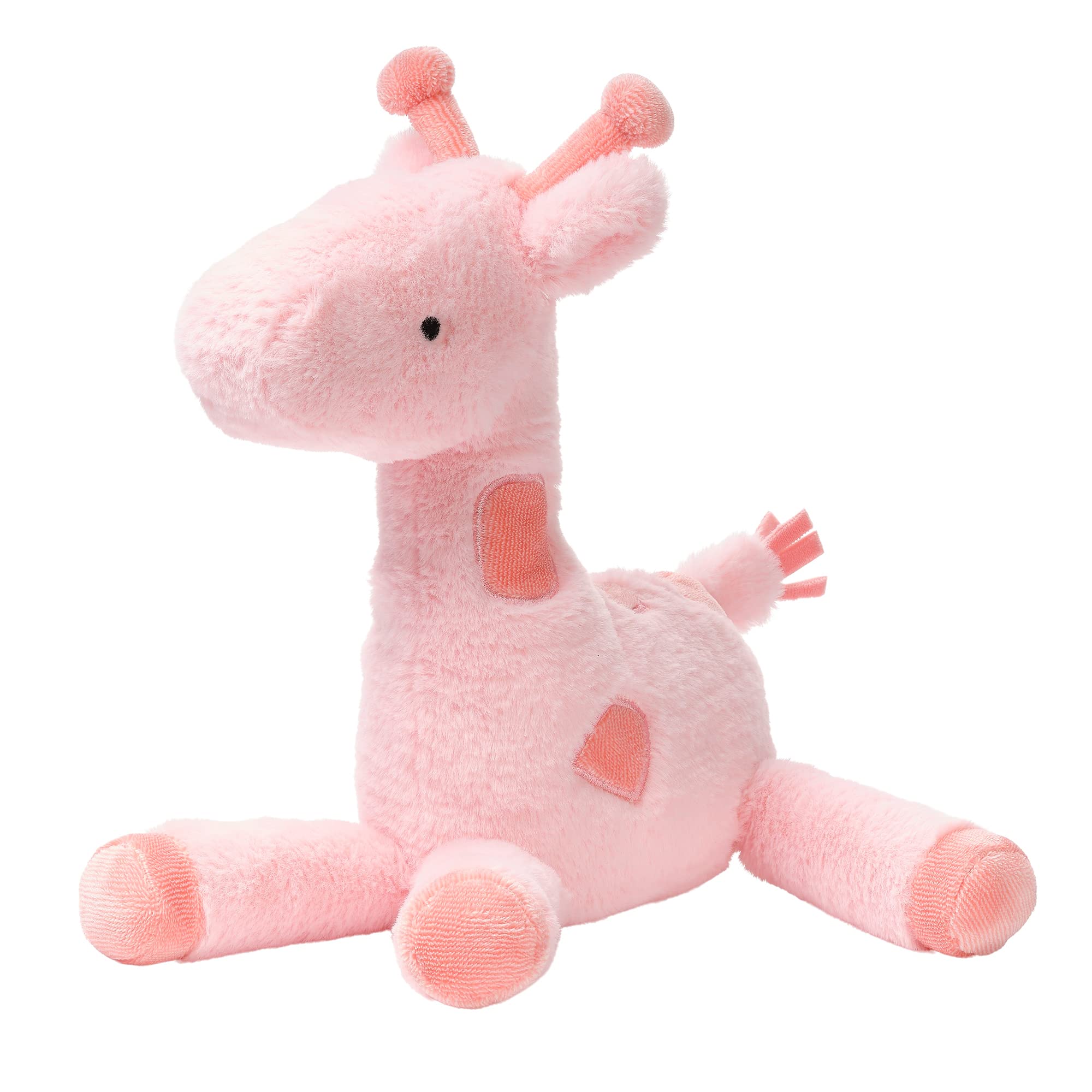 Lambs &amp; Ivy Snuggle Jungle pink giraffe plush shows embroidered eyes for baby-safe design.