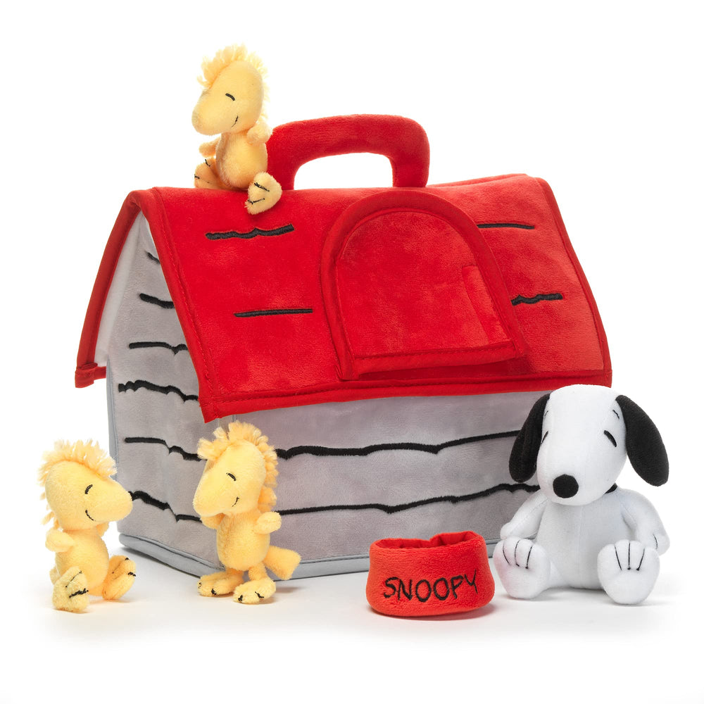 Lambs & Ivy Woodstock figures in yellow velour accompany Snoopy for cuddly pretend friends.