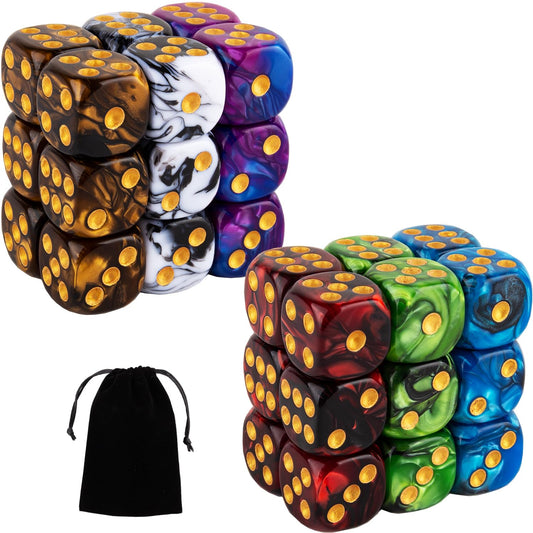 LAMJAM 36-piece D6 dice set displayed for tabletop play, ideal for shared board games and RPG sessions.