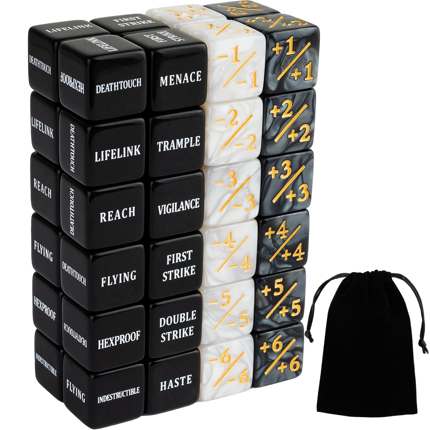 LAMJAM 48-piece keyword dice set with velvet pouch for easy MTG counters.