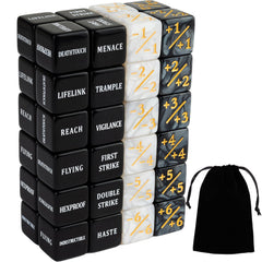 LAMJAM 48-piece keyword dice set with velvet pouch for easy MTG counters.