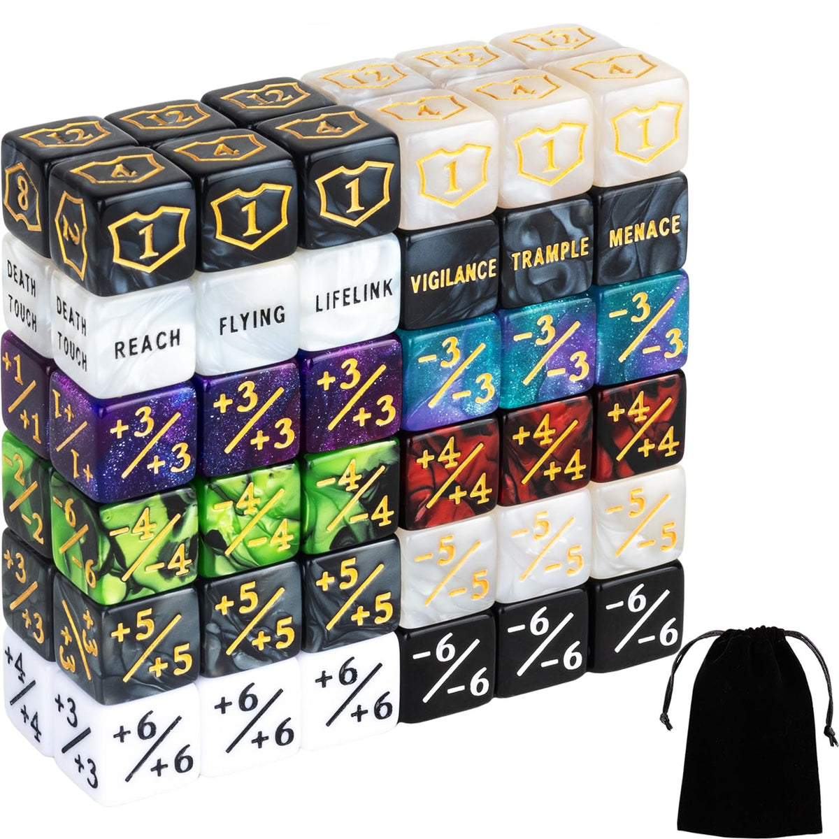 LAMJAM 72-piece dice counters set with MTG-ready design and velvet pouch for easy transport.
