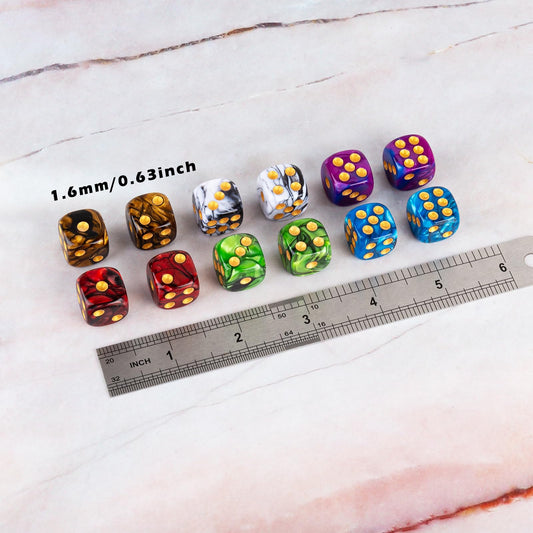 LAMJAM colorful D6 dice close-up emphasizes clear gold pips for easy reading.