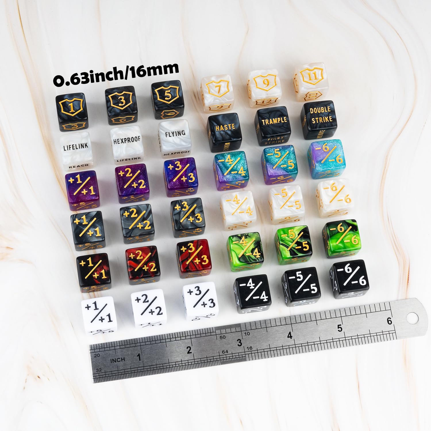 LAMJAM MTG keyword dice pack featuring First Strike and Vigilance for quick reference.