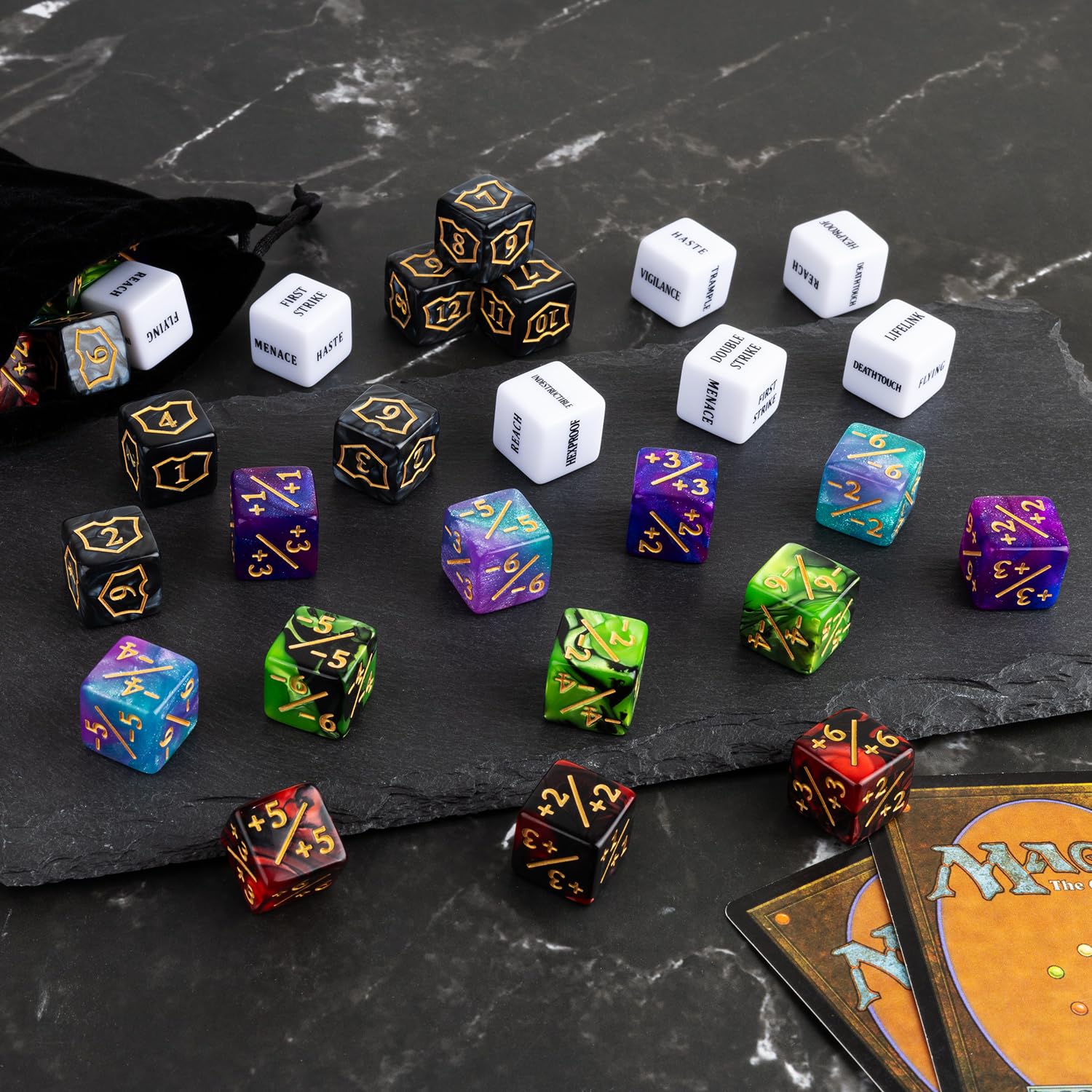 LAMJAM velvet dice pouch keeps counters organized between games.