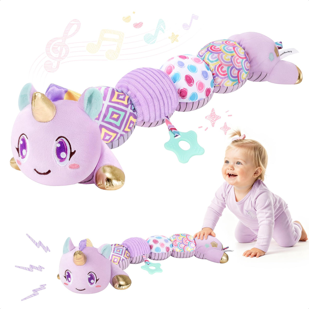 Lanbeby unicorn plush toy with 4-in-1 play engages newborns' senses