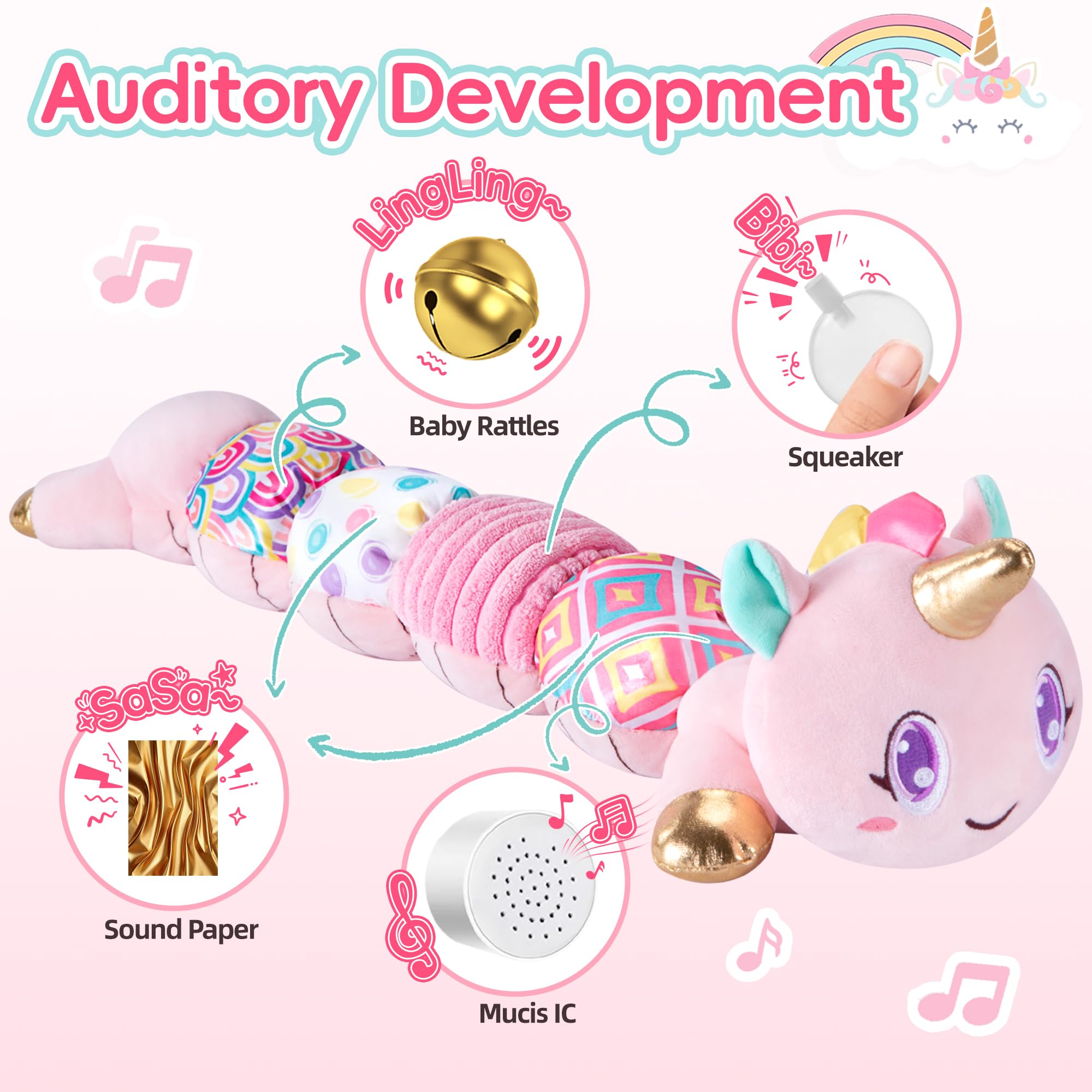 Lanbeby Unicorn Baby Toy back view highlights colorful textures