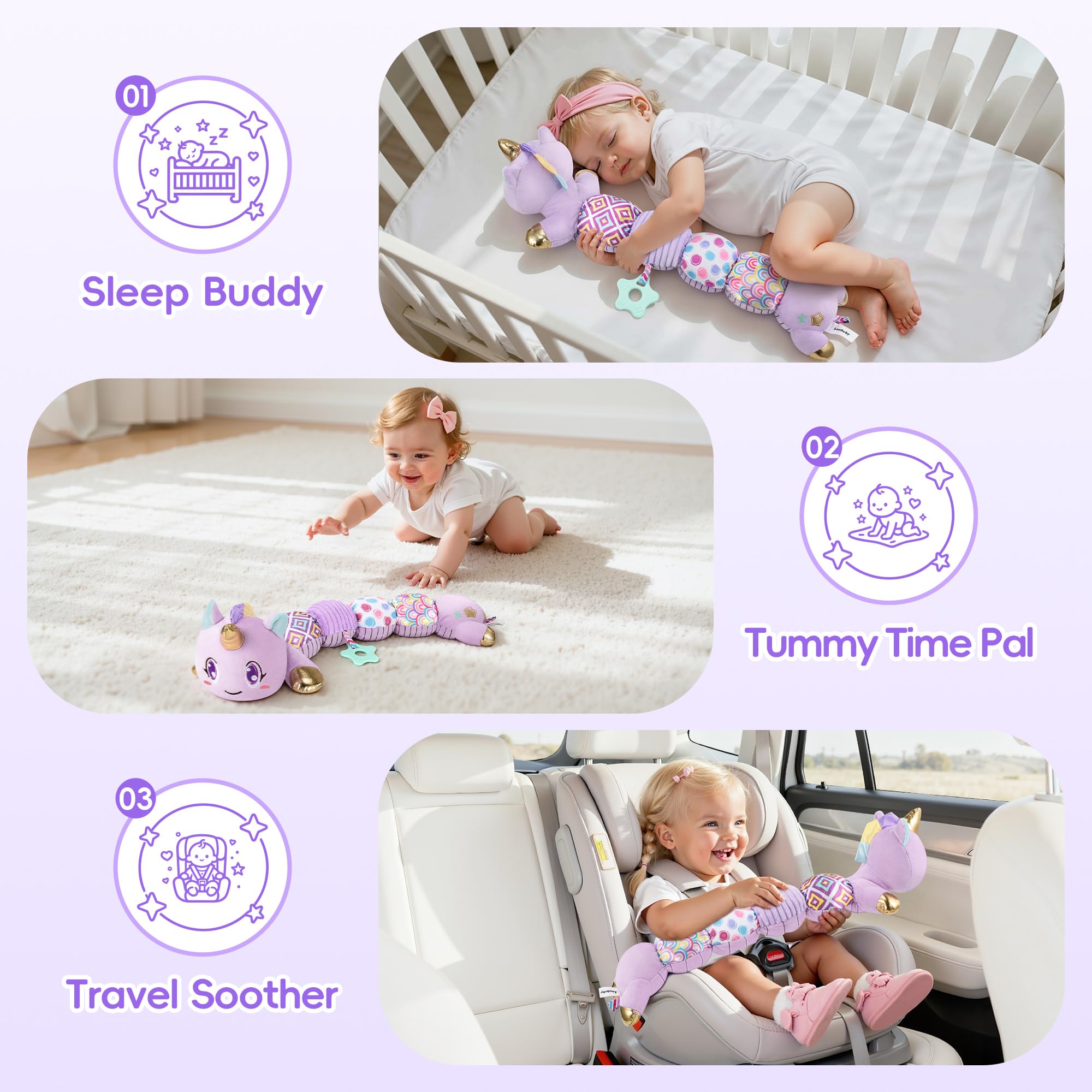 Lanbeby plush unicorn is soft and safe for stroller and crib play