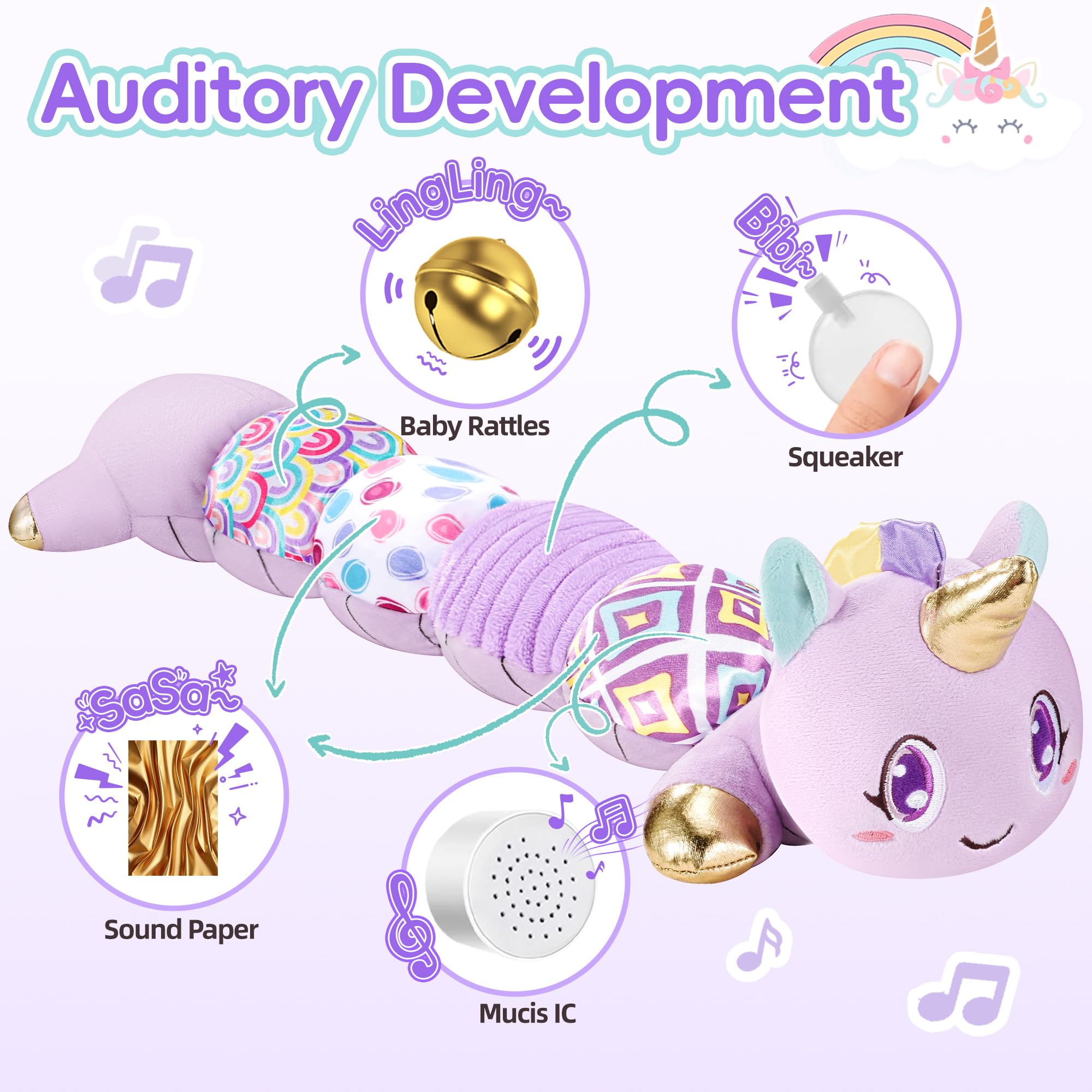 Lanbeby unicorn toy tail rattle invites grasp and auditory curiosity