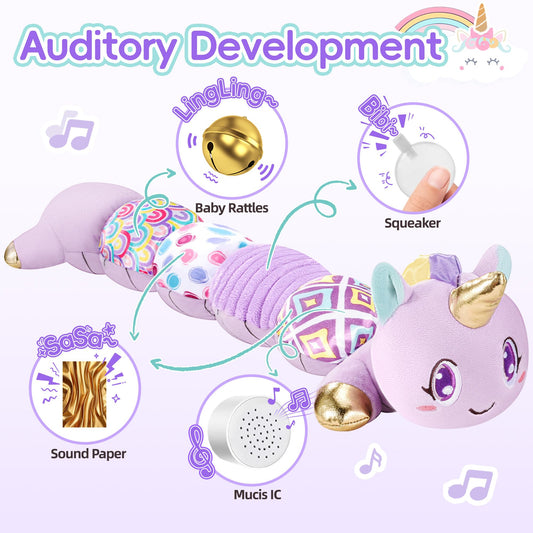 Lanbeby unicorn toy tail rattle invites grasp and auditory curiosity