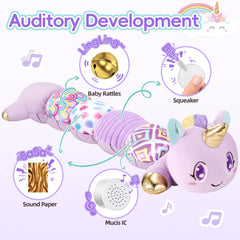 Lanbeby unicorn toy tail rattle invites grasp and auditory curiosity