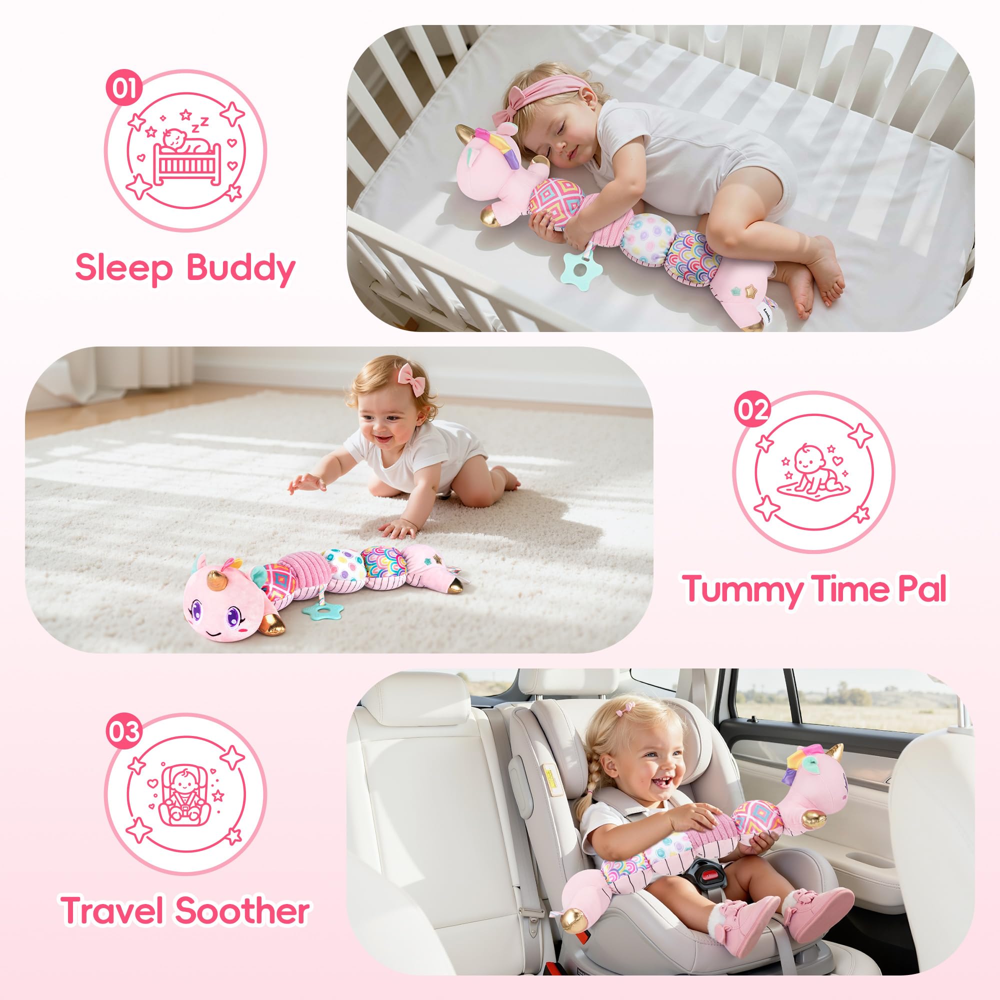 Lanbeby Unicorn Toy during tummy time showcasing sensory appeal