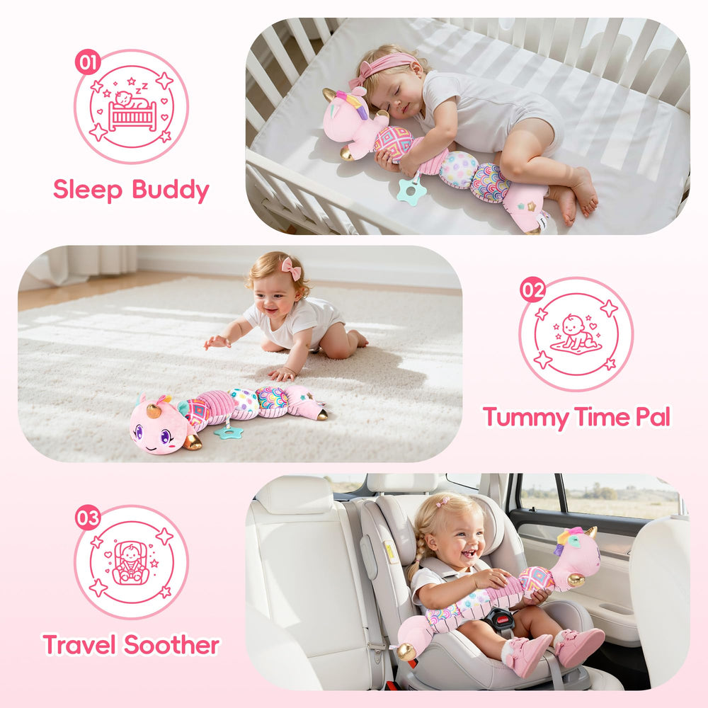 Lanbeby Unicorn Toy during tummy time showcasing sensory appeal