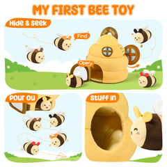 Yellow bee with built-in music box adding gentle sounds during play