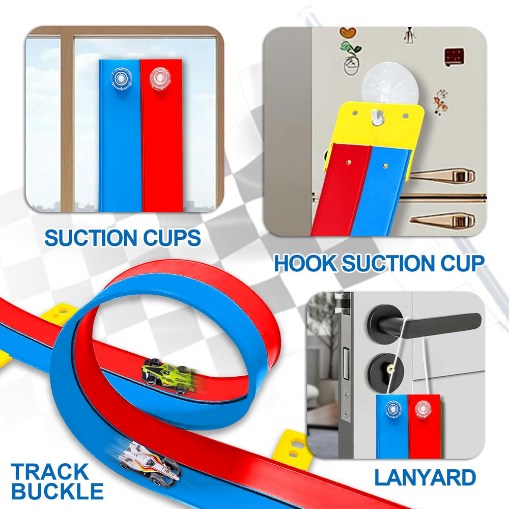 Landhix suction cups securing track to walls for stable play.