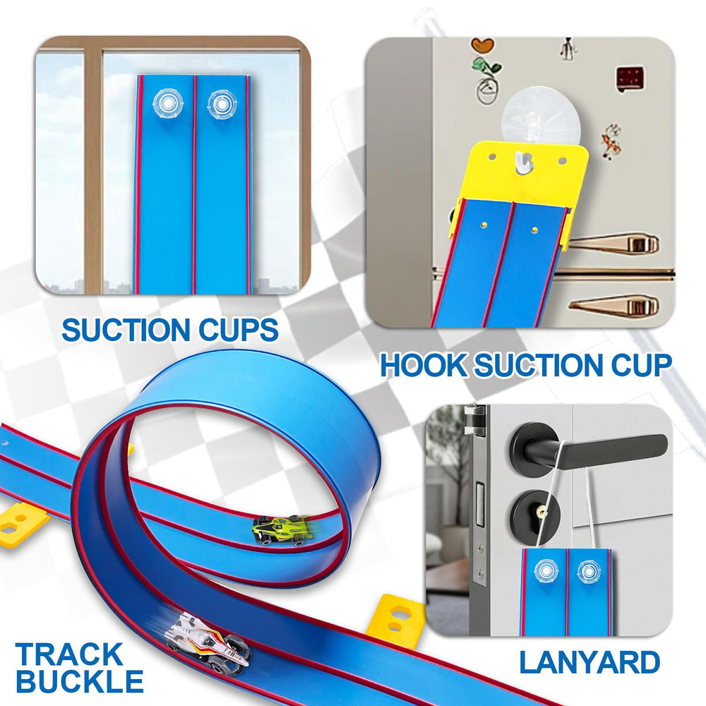 Landhix suction cups secure the track to walls for stable play