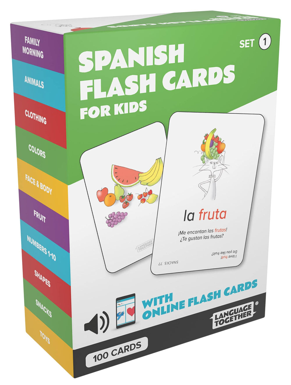 Language Together Spanish flash cards cover image shows 100 basic words for early learning
