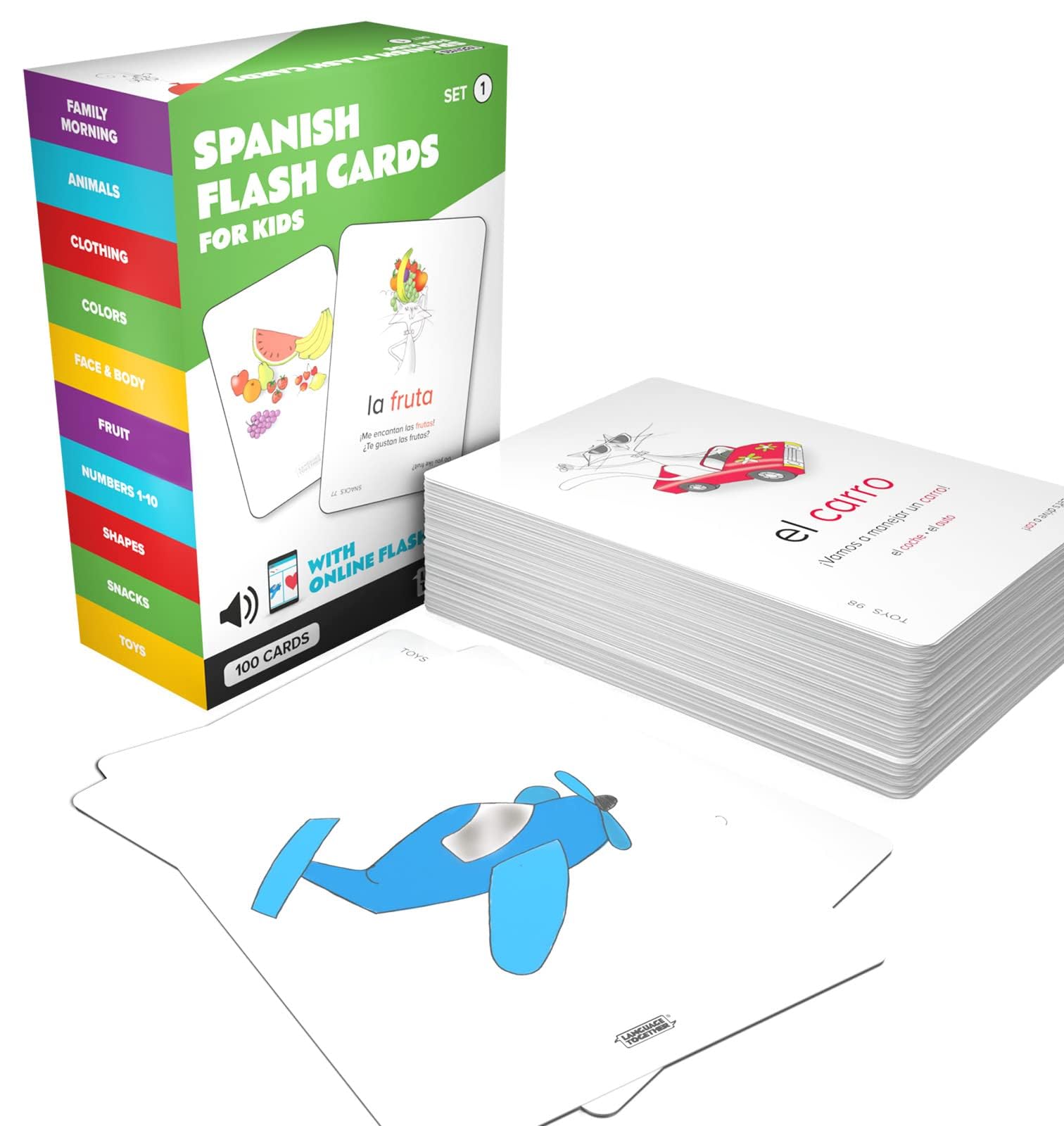 Language Together Spanish flash cards family-fruits-snacks-toys pair visuals with vocabulary