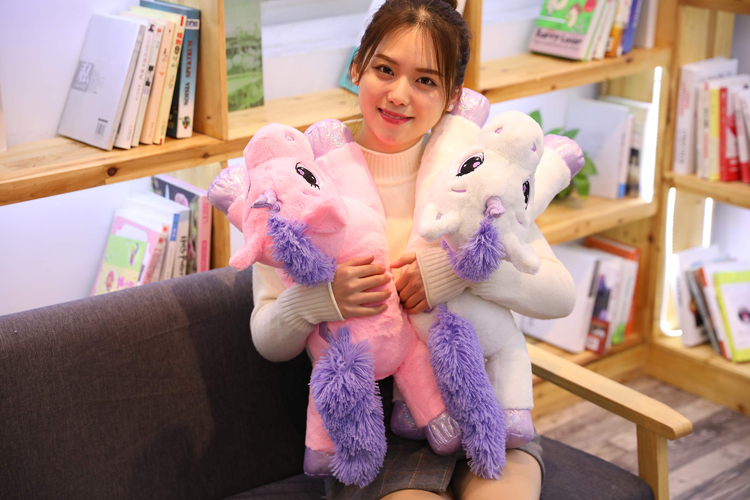 Lanmore 43-inch giant unicorn plush in a child-friendly room.