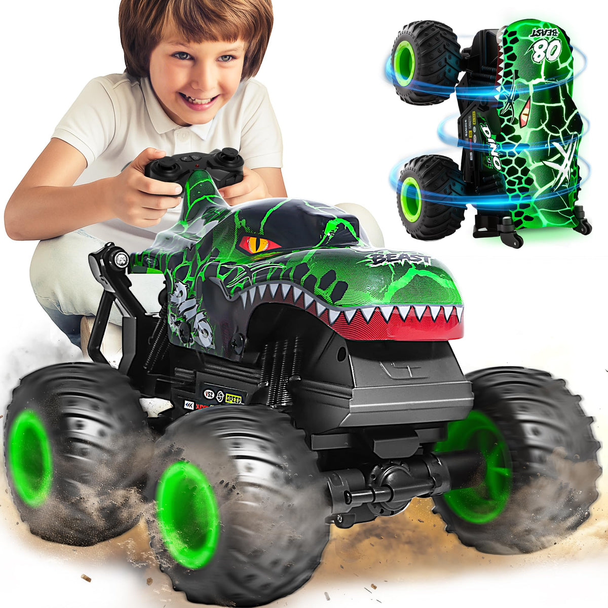 Laoyebaohao dinosaur RC truck with music and LED lights in action