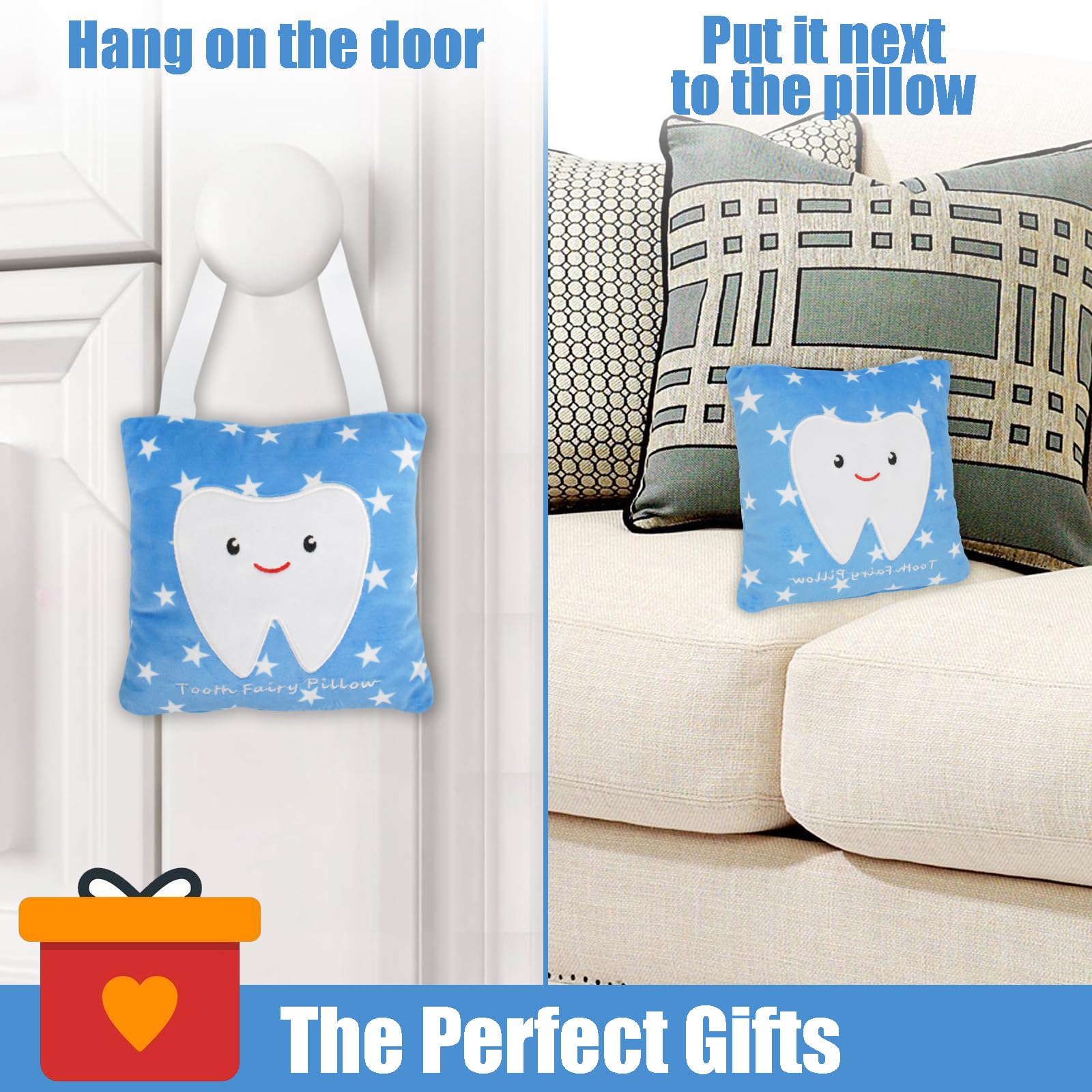 LAPEQQIOJEJ Tooth Fairy Pillow shows hanging strap for door knob access