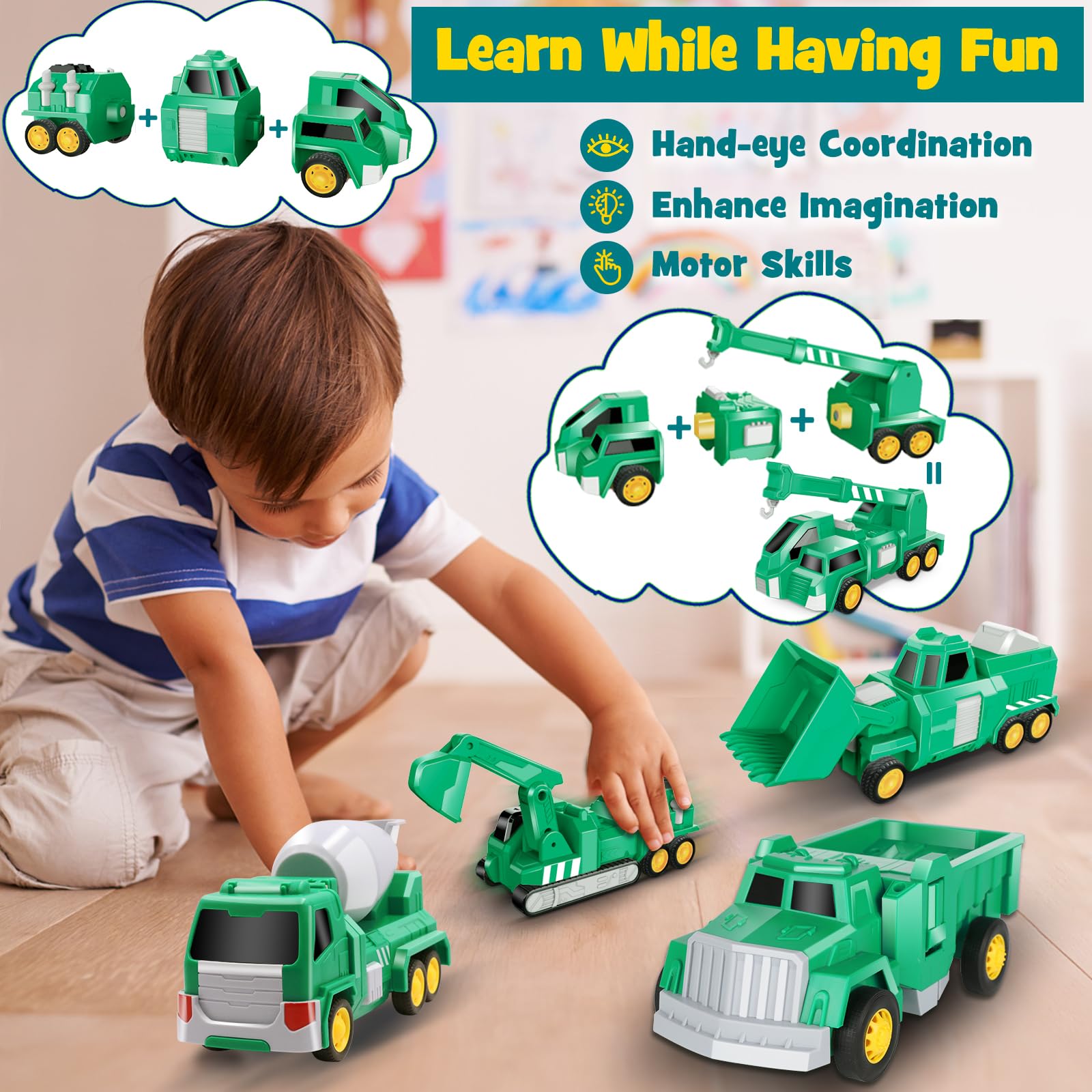 Laradola 5-in-1 construction robot vehicles show the excavator mode, perfect for creative engineering play