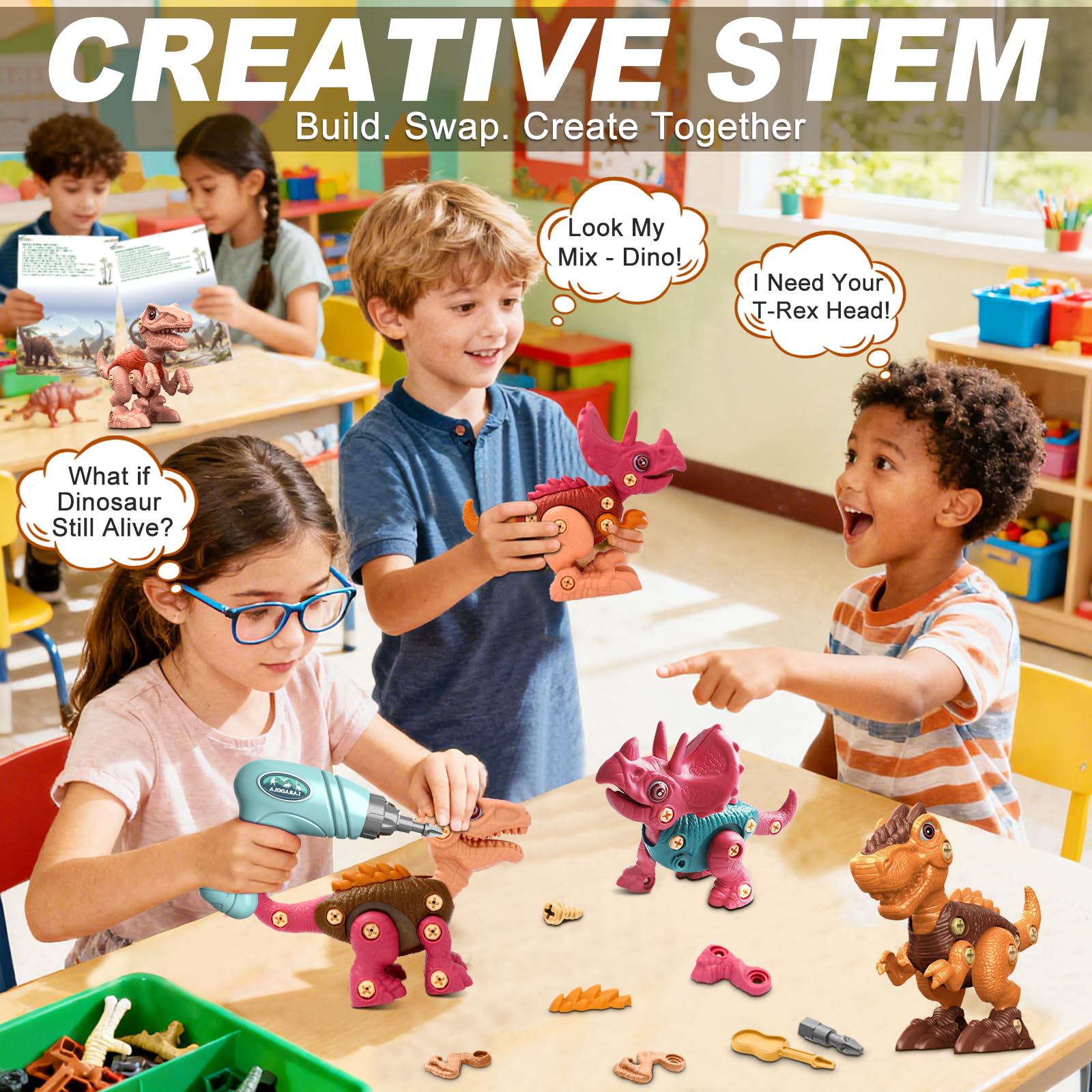 Laradola brown Velociraptor toy in parts kit, highlighting mechanical thinking.