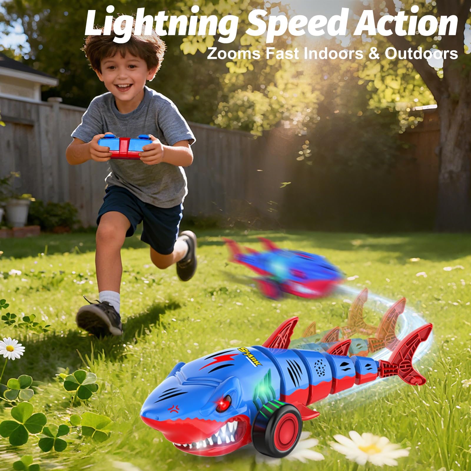 Laradola Shark RC car side view with rugged wheels for all terrain.
