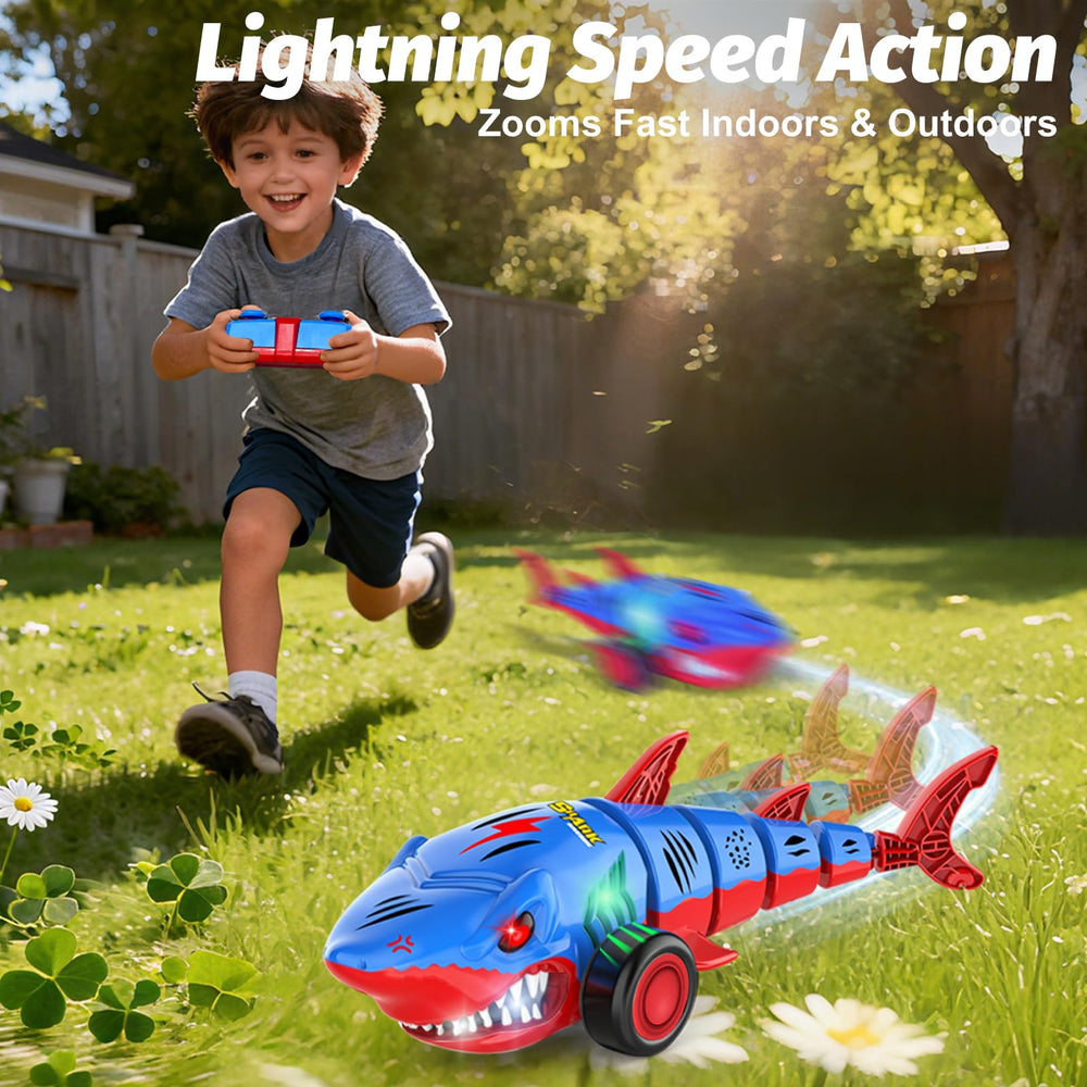 Laradola Shark RC car side view with rugged wheels for all terrain.