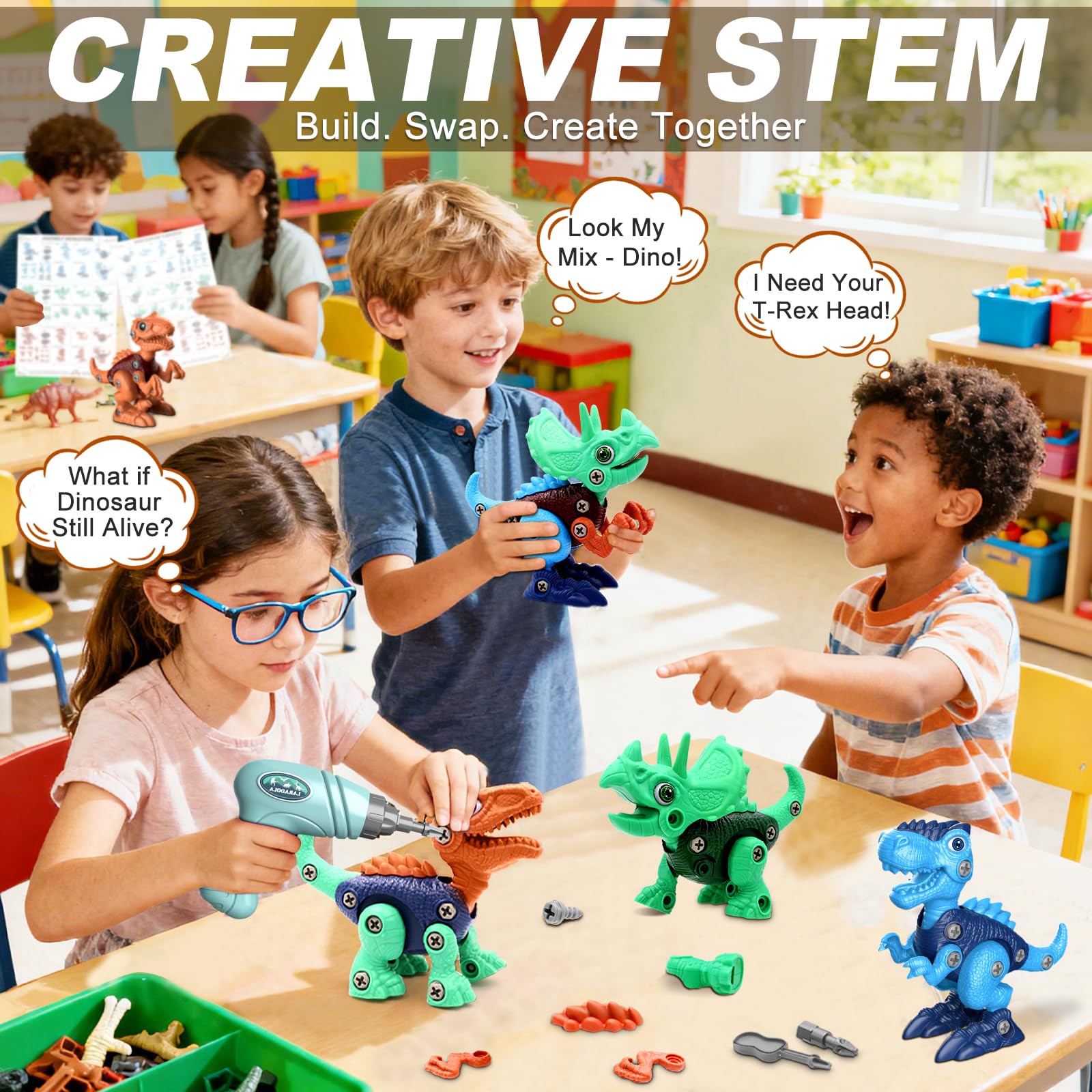 Laradola STEM assembly progress shows growing coordination and problem-solving.