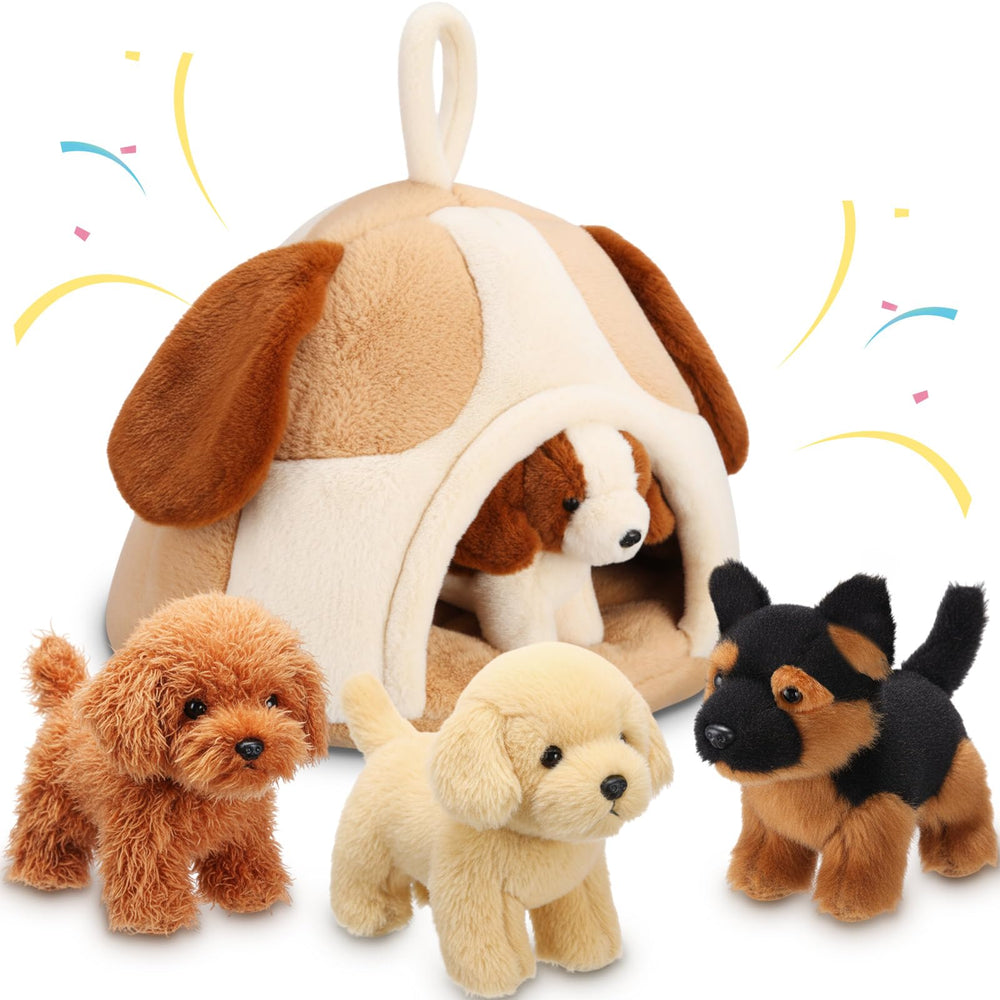 LaRandom 5-piece puppy plush set with dog house for playful imagination and easy cleanup