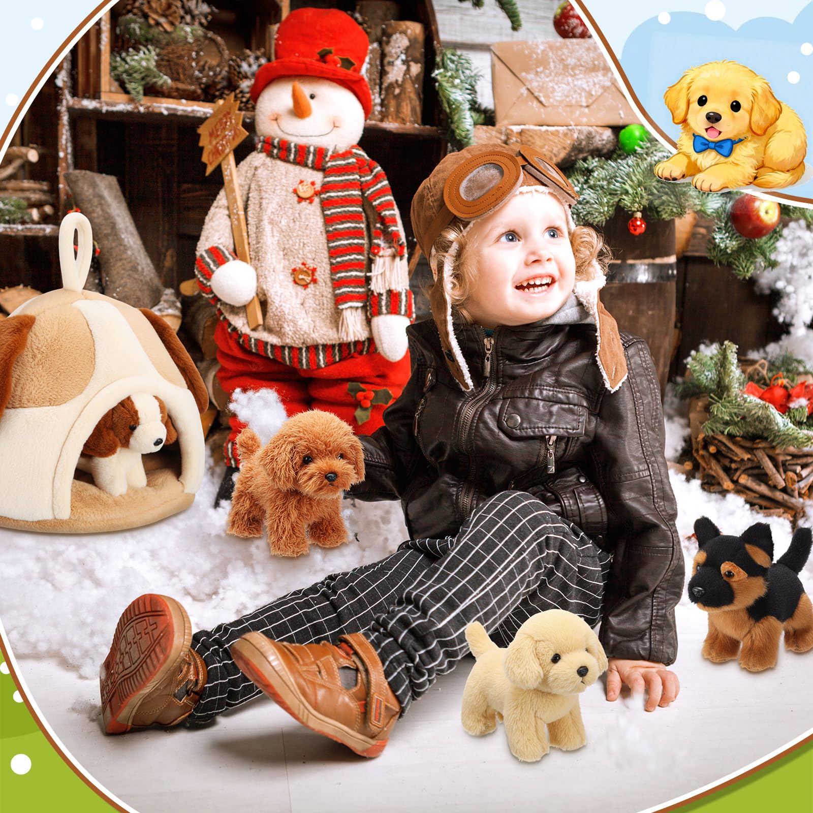 LaRandom pups fit inside the dog house for tidy, portable storage after play