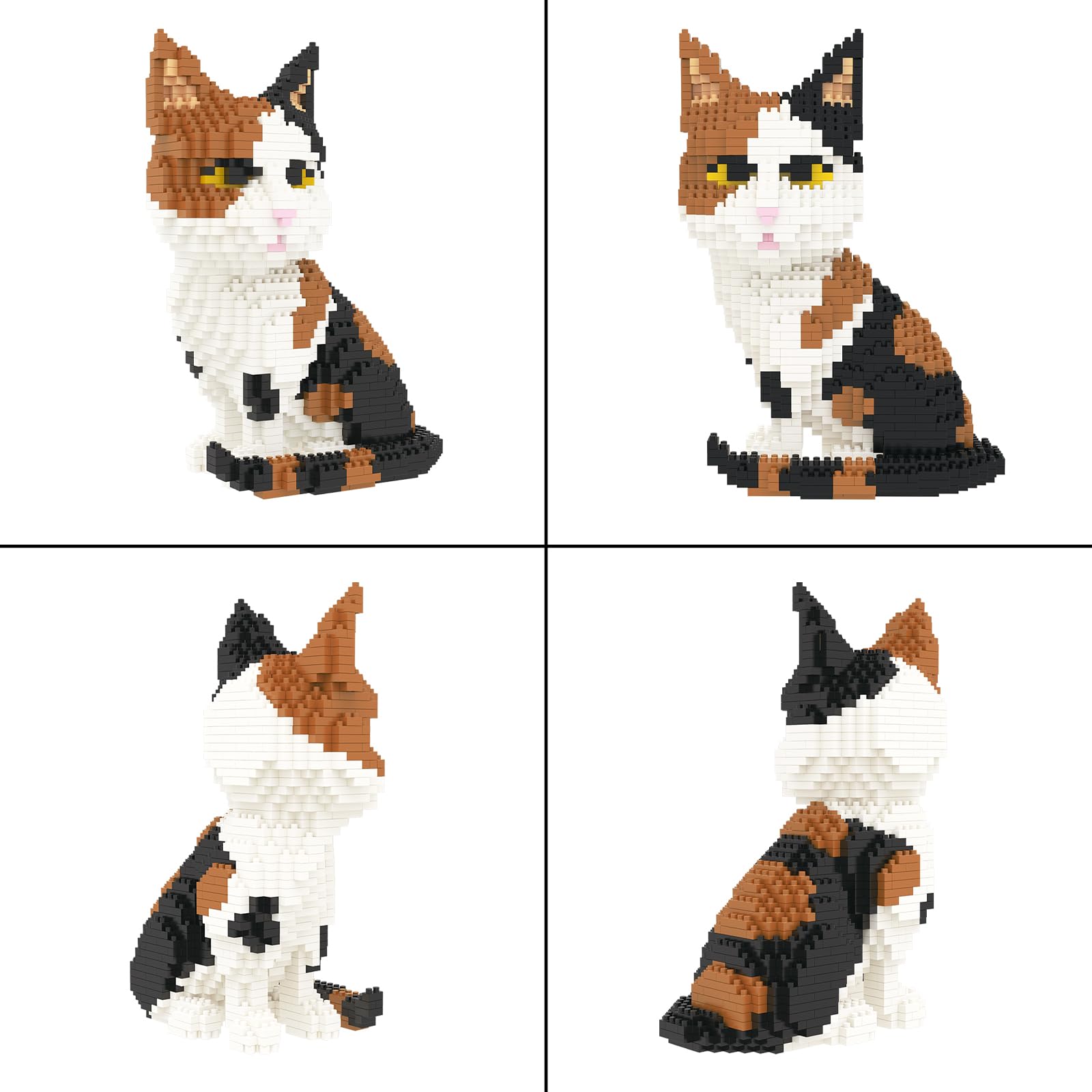Display-ready cat sculpture crafted from micro bricks for desk decor.